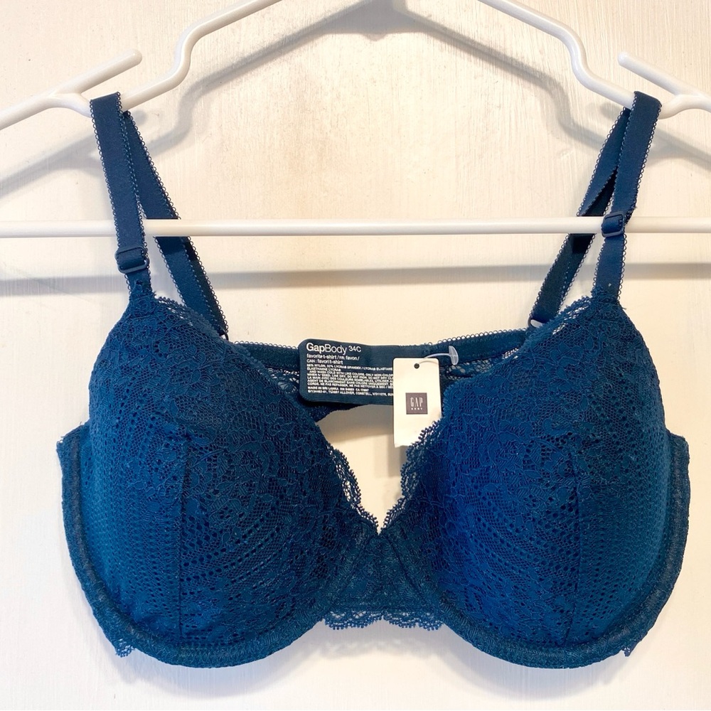 NWT Gap Body Underwire Lined Demi Favorite T-Shirt Bra Blue Lace Lingerie 34C
